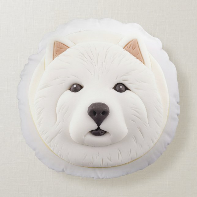 Samoyed Dog 3D Inspired Round Pillow (Front)