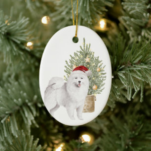 Samoyed Dog and Christmas Tree Watercolor Pet Ceramic Ornament