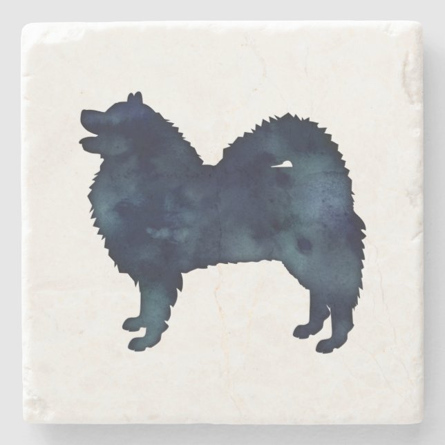 Samoyed Dog Breed Silhouette Black Watercolor Stone Coaster (Front)