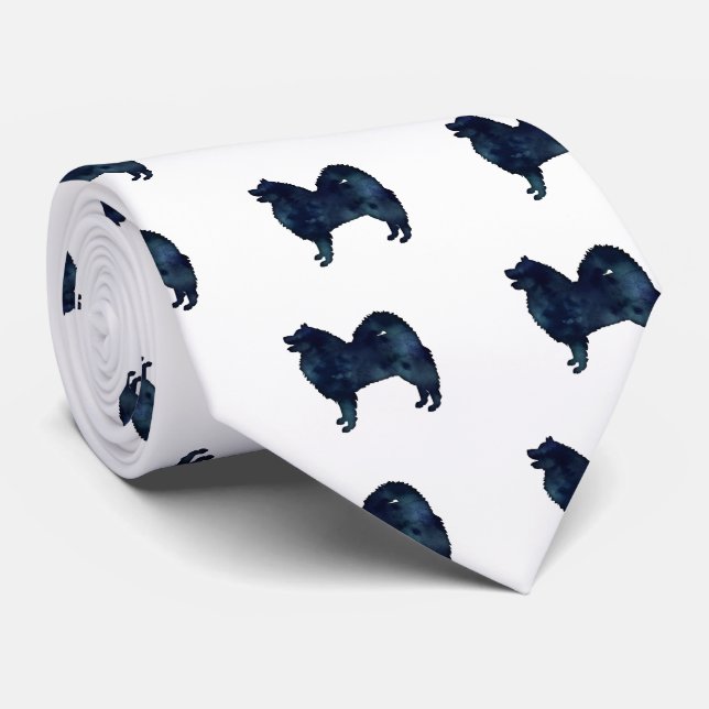 Samoyed Dog Breed Silhouette Black Watercolor Tie (Rolled)