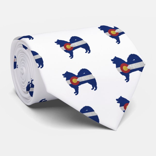 Samoyed Dog Breed Silhouette Colorado Flag Tie (Rolled)