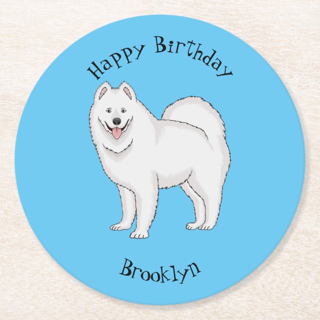 Samoyed dog cartoon illustration  round paper coaster (Front)