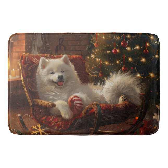 Samoyed Dog Christmas Festive  Bath Mat (Front)