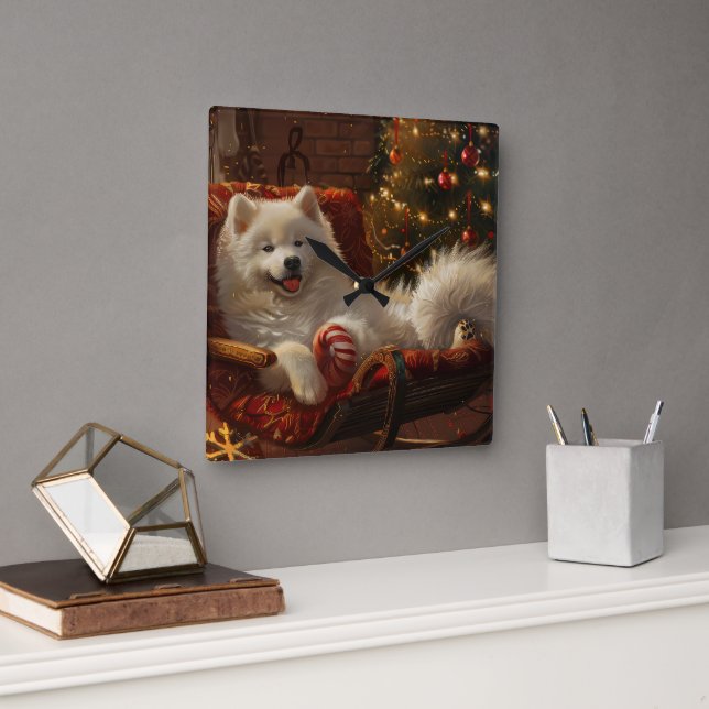 Samoyed Dog Christmas Festive  Square Wall Clock (Office)