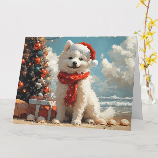 Samoyed Dog Christmas Vintage Beach Card (Yellow Flower)