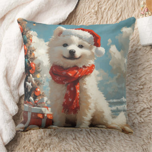 Samoyed Dog Christmas Vintage Beach Throw Pillow