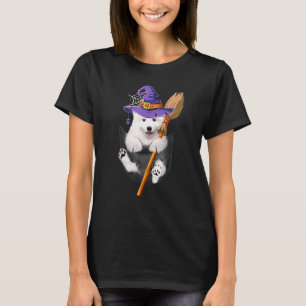 Samoyed Dog Collie Witch Broom Pocket Halloween T-Shirt