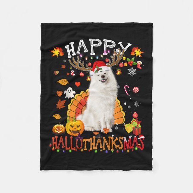 Samoyed Dog Halloween Christmas Dog Happy Hallotha Fleece Blanket (Front)