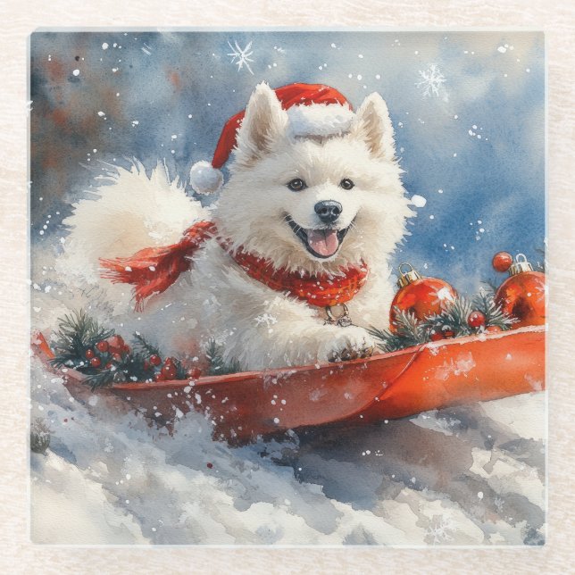 Samoyed Dog in Sledge Let it Snow Christmas Glass Coaster (Front)