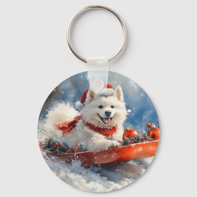 Samoyed Dog in Sledge Let it Snow Christmas Keychain (Front)