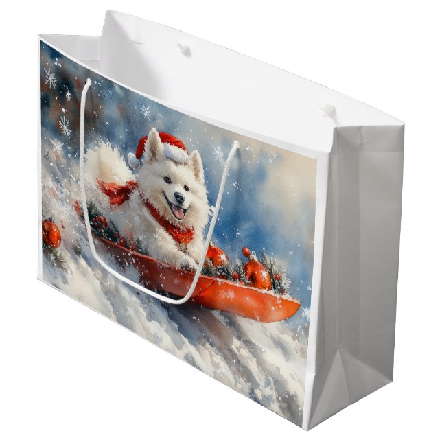Samoyed Dog in Sledge Let it Snow Christmas Large Gift Bag (Front Angled)