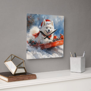 Samoyed Dog in Sledge Let it Snow Christmas Square Wall Clock
