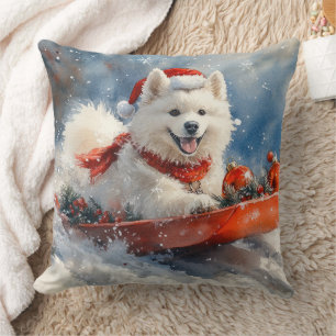 Samoyed Dog in Sledge Let it Snow Christmas Throw Pillow