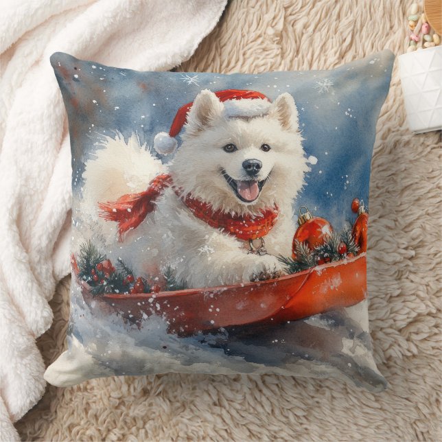 Samoyed Dog in Sledge Let it Snow Christmas Throw Pillow (Blanket)
