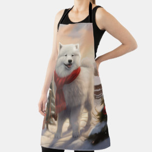 Samoyed Dog in Snow Christmas Apron