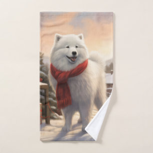Samoyed Dog in Snow Christmas  Bath Towel Set