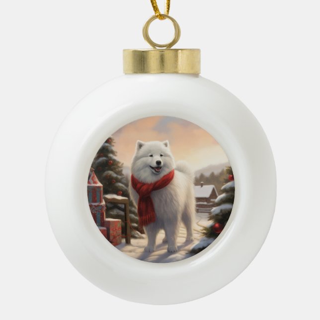 Samoyed Dog in Snow Christmas  Ceramic Ball Christmas Ornament (Front)