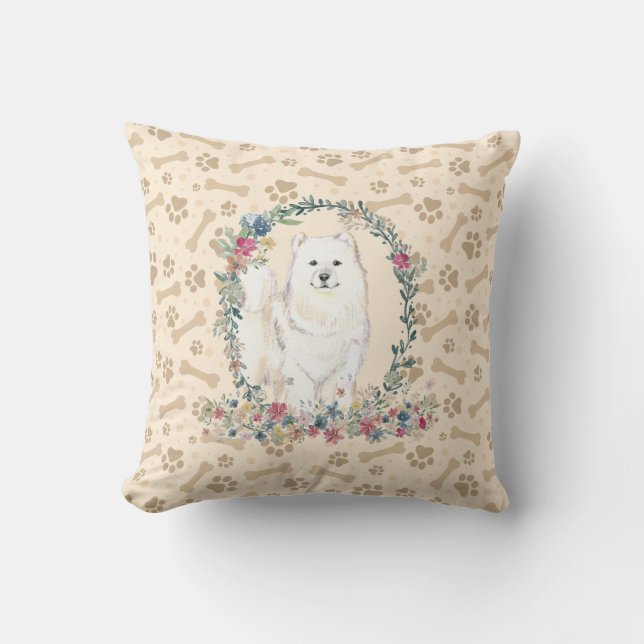 Samoyed Dog Paw Print & Floral Cute Throw Pillow (Front)