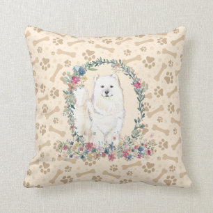 Samoyed Dog Paw Print & Floral Cute Throw Pillow