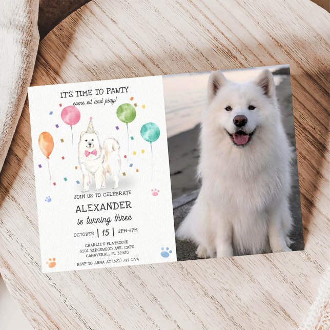 Samoyed Dog Pawty Puppy Birthday Pink Photo Invitation (Creator Uploaded)