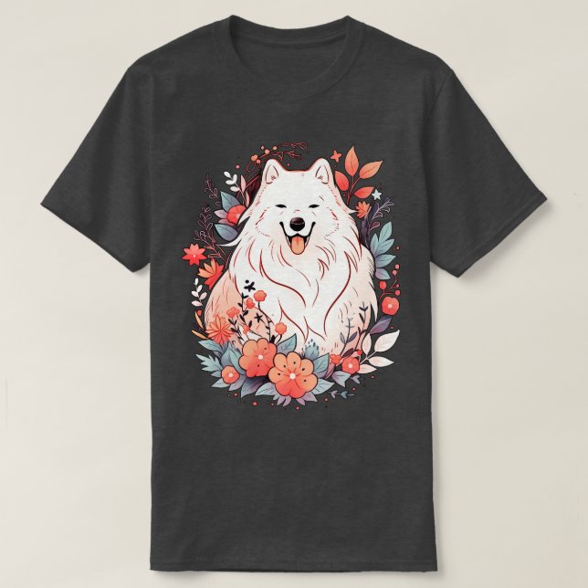 Samoyed Dog Red Flowers T-Shirt (Design Front)