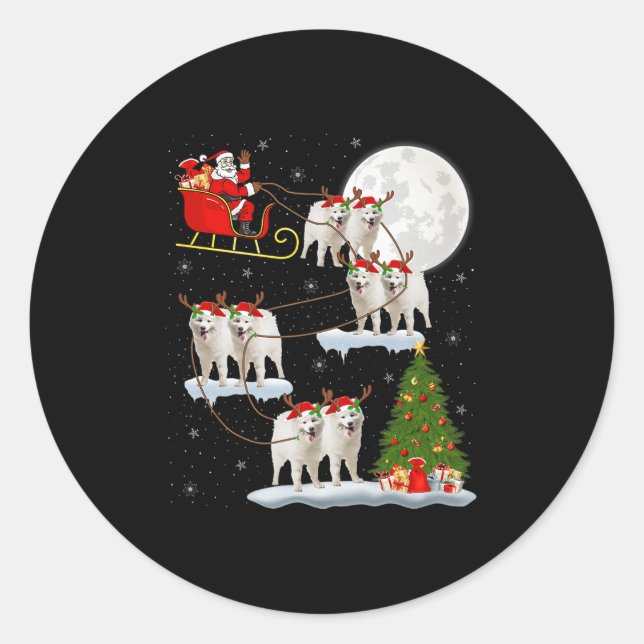 Samoyed Dog Santa Sleigh Flying Funny Magical Chri Classic Round Sticker (Front)