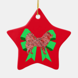 Samoyed Dog Silhouette Green Bow Christmas Ceramic Ornament