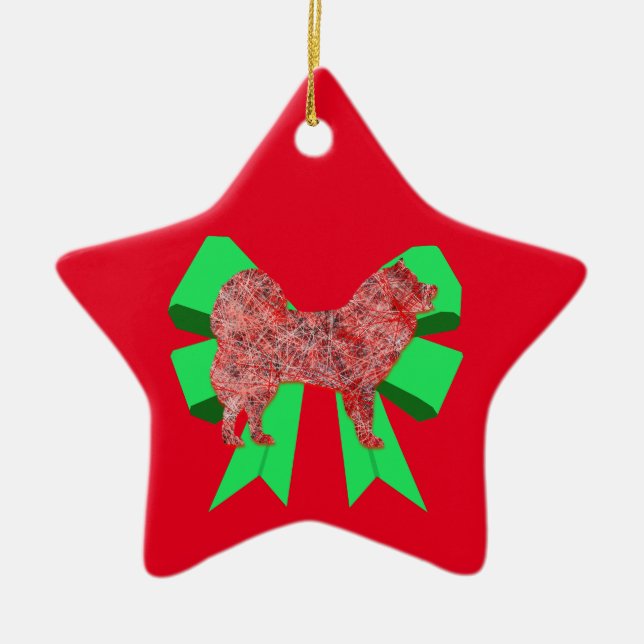Samoyed Dog Silhouette Green Bow Christmas Ceramic Ornament (Front)