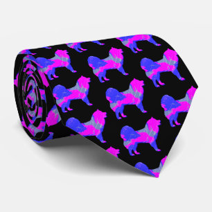 Samoyed Dog Silhouette Pink & Blue Light Black Tie