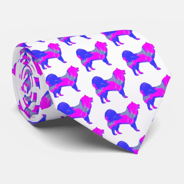 Samoyed Dog Silhouette Pink & Blue Light White Tie (Rolled)