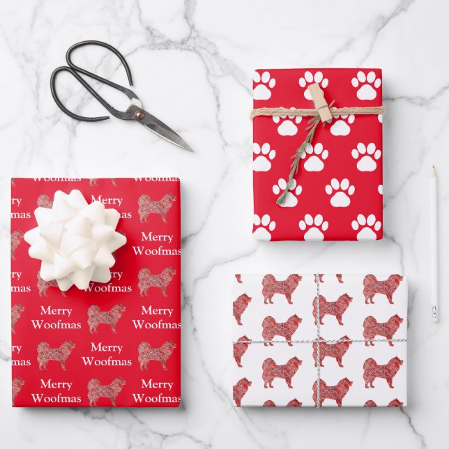 Samoyed Dog Silhouette Red Merry Woofmas Wrapping Paper Sheet (Front)