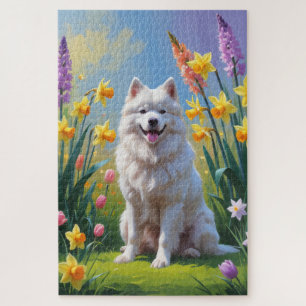 Samoyed Dog Spring Flowers Painting  Jigsaw Puzzle