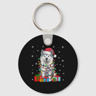 Samoyed Dog Ugly Xmas Lights Santa Hat Samoyed Dog Keychain