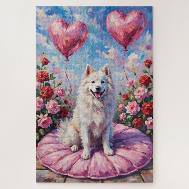 Samoyed Dog Valentine's Day Rose Picnic Jigsaw Puzzle (Vertical)
