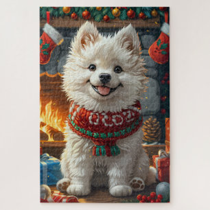 Samoyed Dog With Christmas Gifts Fireplace Jigsaw Puzzle