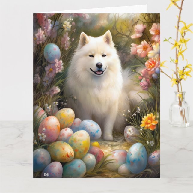Samoyed Dog with Easter Eggs Holiday Card (Yellow Flower)