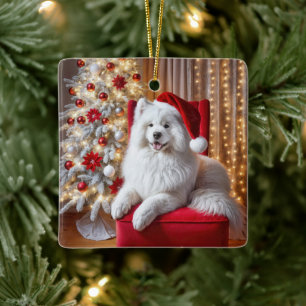 Samoyed Dog With Santa Claus Hat Ceramic Ornament