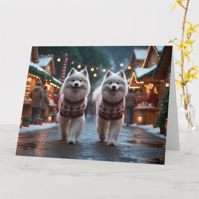 Samoyed Dogs Christmas Snow Holiday Card (Yellow Flower)