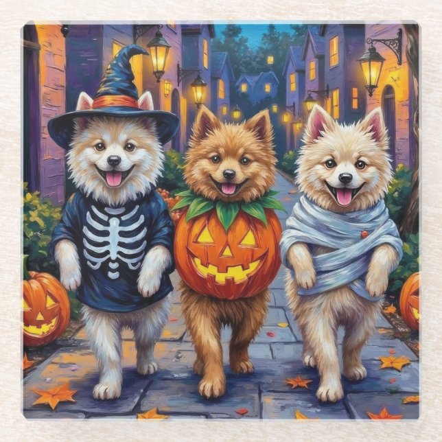 Samoyed Dogs Trick-or-Treating Halloween Costumes Glass Coaster (Front)