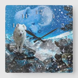 SAMOYED FULL MOON WINTER SQUARE WALL CLOCK