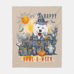 Samoyed Happy Howl-o-ween Ghost Houses Funny Fleece Blanket