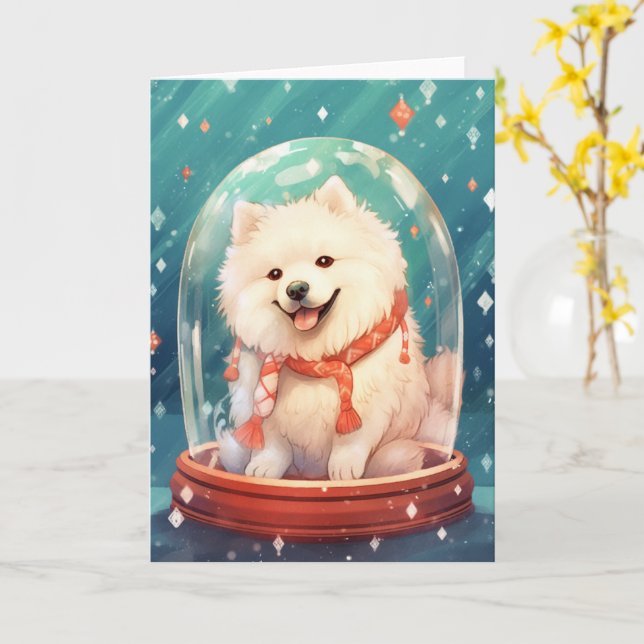 Samoyed in a Christmas Snow Globe Bright Lights Card (Yellow Flower)