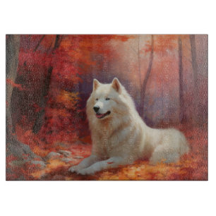 Samoyed in Autumn Leaves Fall Inspire  Cutting Board
