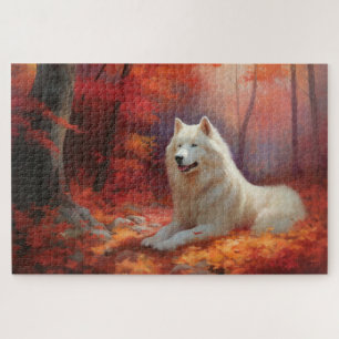 Samoyed in Autumn Leaves Fall Inspire  Jigsaw Puzzle