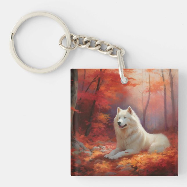 Samoyed in Autumn Leaves Fall Inspire  Keychain (Front)