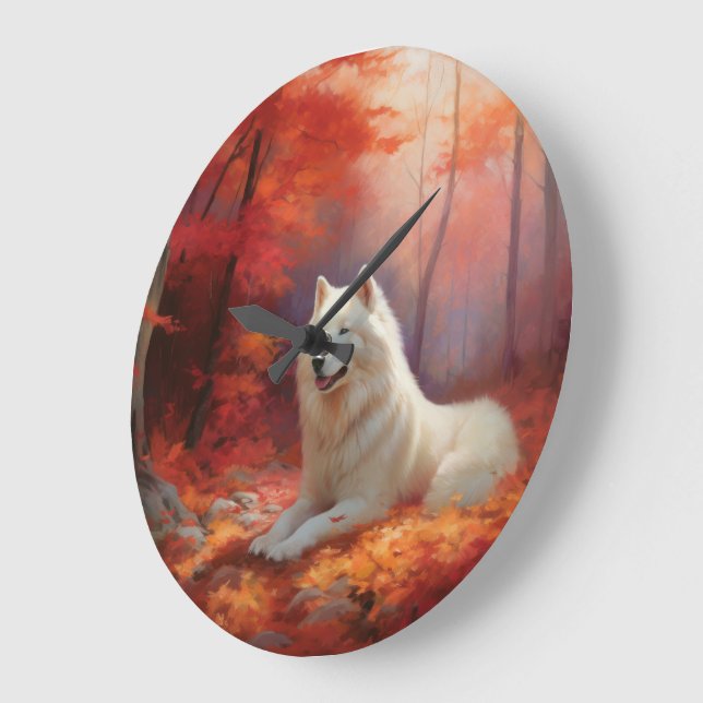 Samoyed in Autumn Leaves Fall Inspire  Large Clock (Angle)