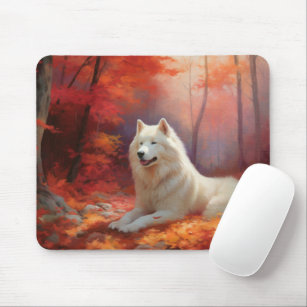 Samoyed in Autumn Leaves Fall Inspire  Mouse Pad