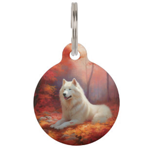 Samoyed in Autumn Leaves Fall Inspire  Pet Tag