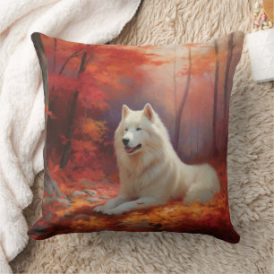 Samoyed in Autumn Leaves Fall Inspire  Throw Pillow