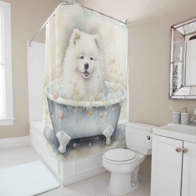 Samoyed In Bathtub Watercolor Dog Art (In Situ)